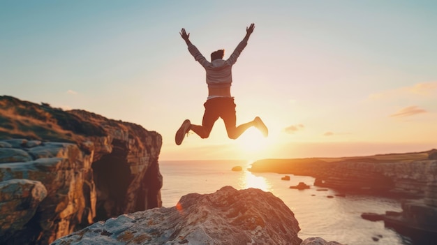 Man Jumping Off Cliff Into Ocean