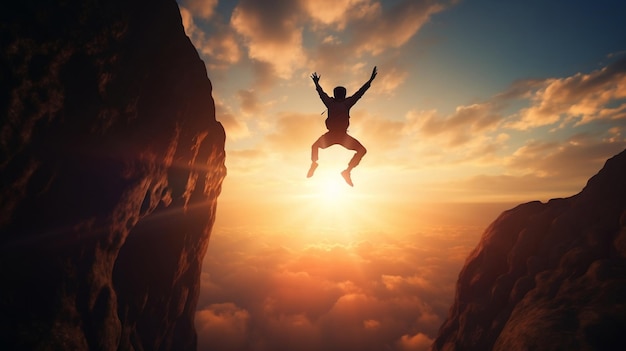 Man jumping between two rocks take the leap