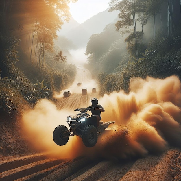 Foto uomo che salta con un veicolo atv a polvere e fuoco su una pista fuoristrada in modalità di azione turistica