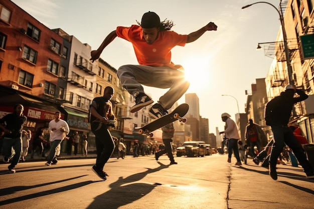 Foto un uomo che salta con uno skateboard in aria con persone sullo sfondo.