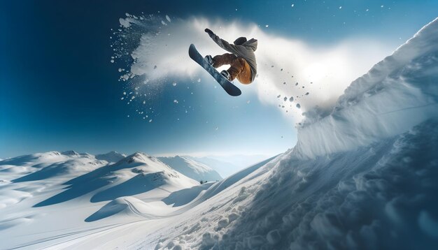 写真 極端なスポーツコンセプトの山頂でスノーボードでジャンプする男 冬の背景