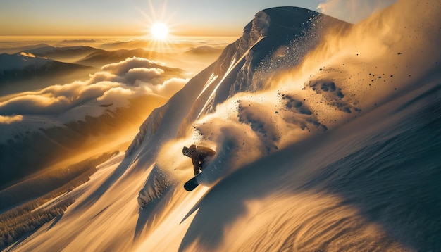 山の頂上でスノーボードでジャンプする男性エクストリームスポーツコンセプト冬の背景