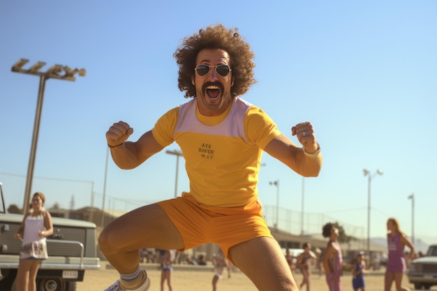 Man Jumping in Yellow Shirt and Shorts