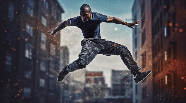 A man jumps in the air in front of a cityscape