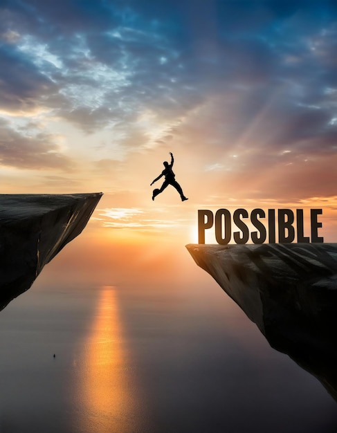 Photo a man jumps over a cliff that says possible on the bottom