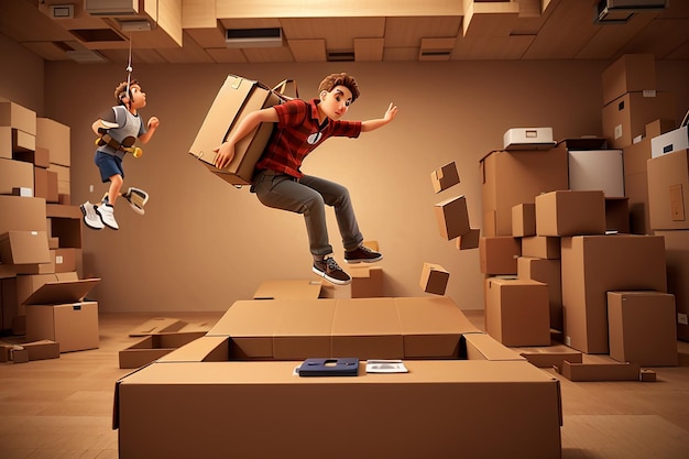 Photo a man jumps into a cardboard box from a diving platform surrealistic designthe background is brown