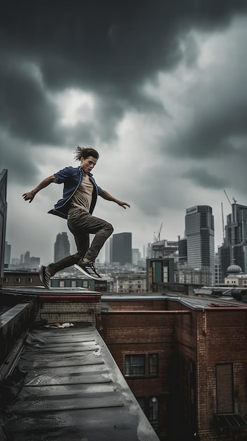 A man jumps on a rooftop with a city in the background.