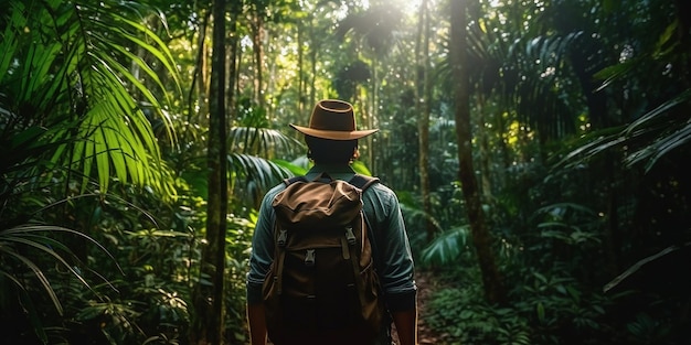 Foto un uomo in una giungla che guarda il sole