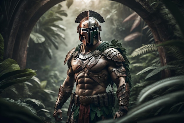 A man in a jungle with a helmet and a jungle background