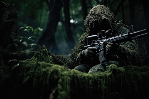 マシンガンを持ったジャングルの男 暗い森 選択的なフォーカス ジリースーツ 狙撃のカモフラージュ ジャングルに座っている