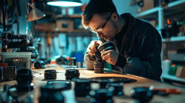 Man kalibreert camera in werkplaats