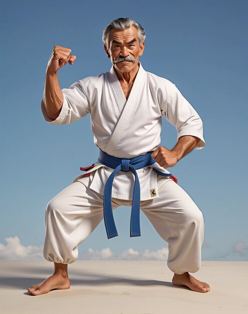 Photo a man in karate gear standing on a sand dune