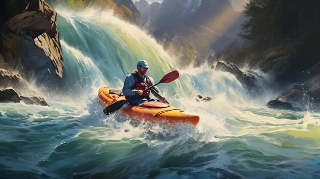 Photo a man on a kayak floats on a wild river