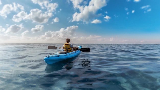 A man in a kayak is paddling in the ocean.