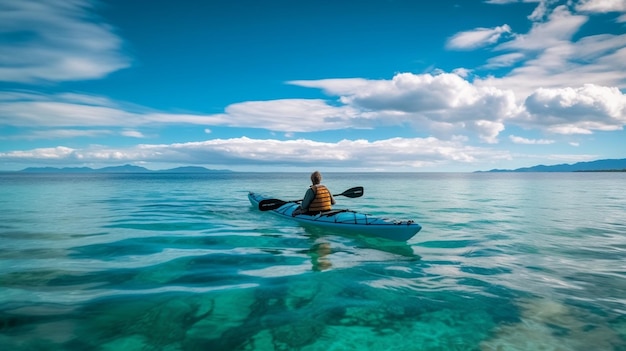 A man in a kayak is paddling in the water.