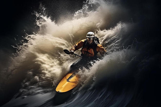 A man in a kayak is riding a wave in the ocean.