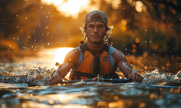 a man in a kayak with a paddle in the water