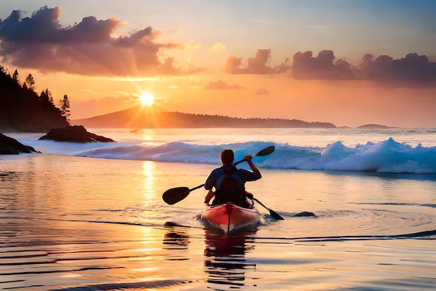 A man kayaking on the beach at sunset