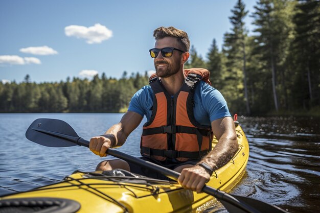 Photo a man kayaking on lake