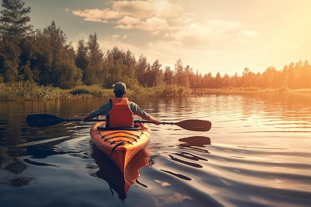 Man kayaking on the river illustration Ai generative