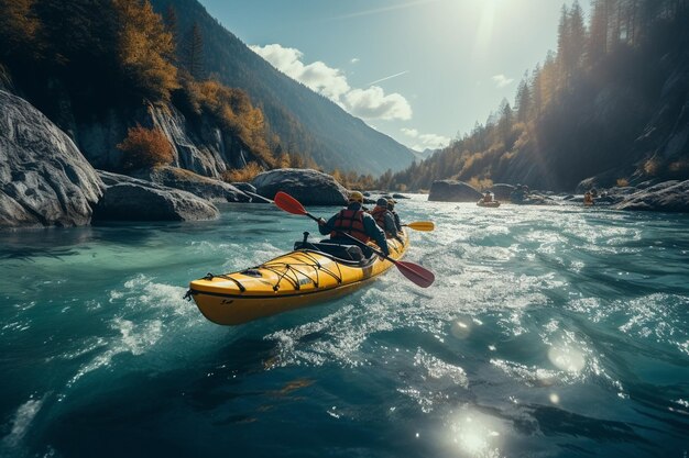 Man kayaking on the river in the mountains The concept of active and extreme tourismgenerative ai