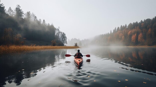 Man Kayaking on a Serene Lake Generative AI