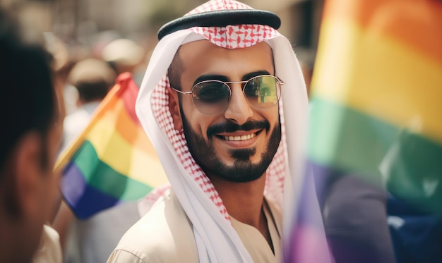 Foto uomo in keffiyeh alla parade dell'orgoglio