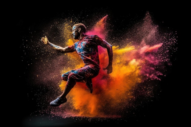 A man kicking a soccer ball with colored powder in the air generative ai image