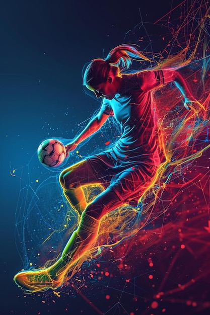 Photo a man kicking a soccer ball with a neon background