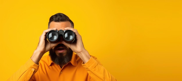 Foto man kijkt door een verrekijker op een gele achtergrond zoek- en zoekconcept