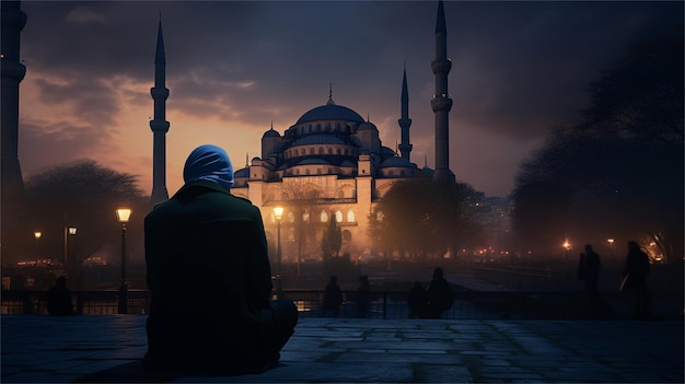 Man kijkt naar de Blauwe Moskee in Istanbul Turkije bij zonsondergang