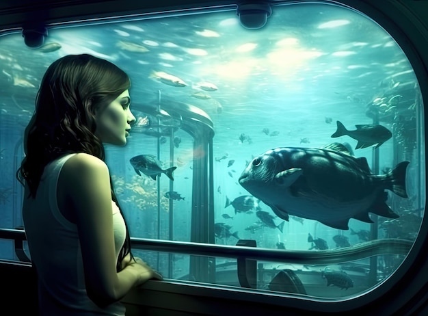 Foto man kijkt naar de onderwaterwereld door een rond raam in een aquarium gecreëerd met generatieve ai-technologie