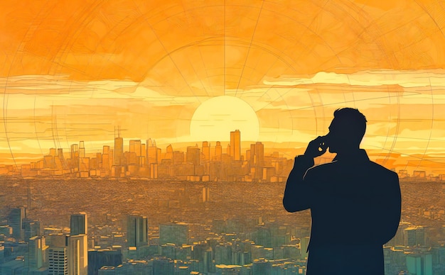 Man kijkt naar de skyline van een stad met een zakenkaart erboven