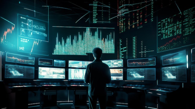 Foto man kijkt naar een cryptovaluta handel grafiek analyse op een monitor scherm gemaakt met generatieve ai
