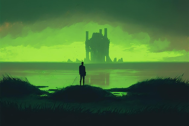 Man kijkt naar het mysterieuze verlaten kasteel met een groene lucht op de achtergrond digitale kunststijl illustratie schilderij fantasie concept van een man in de buurt van het kasteel
