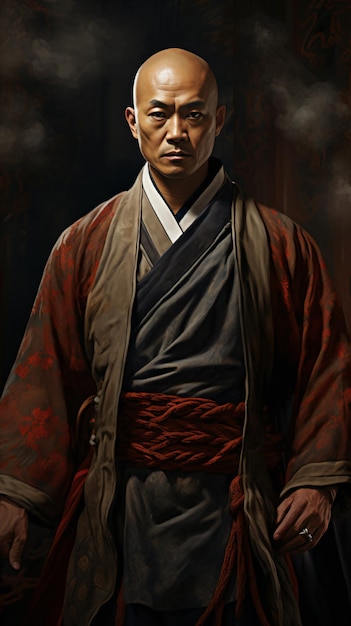 Photo a man in a kimono is standing in a dark room