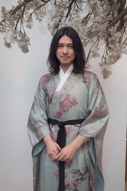 A man in a kimono with flowers on the wall behind him.