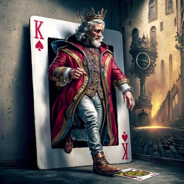 Photo a man in a king suit with a card that says k on it