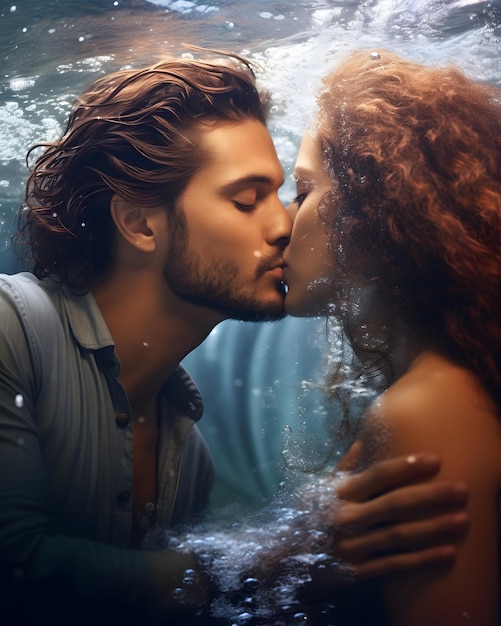 Man kissing mermaid underwater