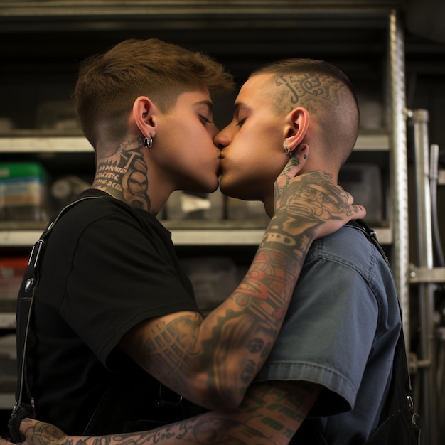 Photo a man kissing a woman with tattoos on his arm.