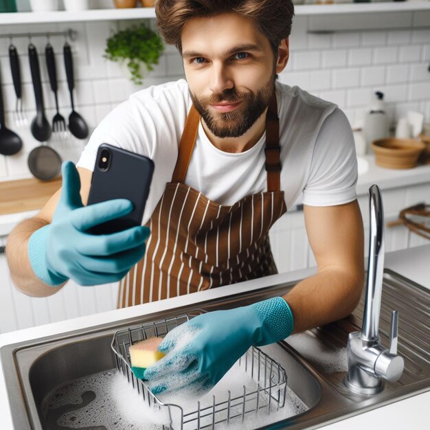 man in the kitchen cleaning the dishes