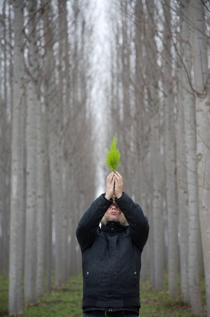 Man klaar om met respect een kleine boom in het bos te planten