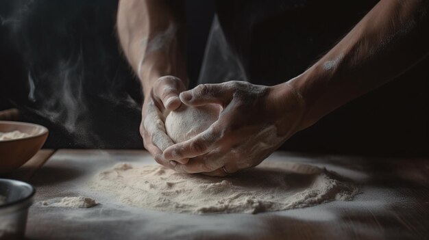 A man kneading a ball of dough on a table