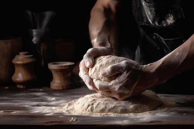 A man kneading a dough on a table