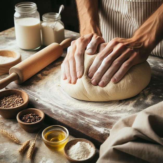 Человек, kneading тесто на столе