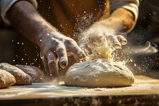 Man kneading dough on wooden table in kitchen with AI generated