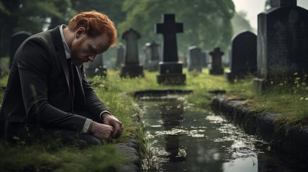 Man Kneeling Down in Front of Grave Pays Respects at Burial Site St Patricks Day