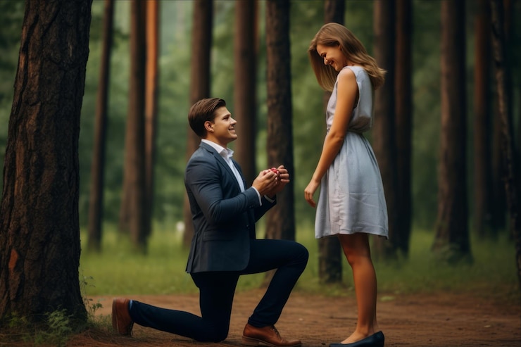 Photo a man kneeling down to give a woman a hand to his girlfriend