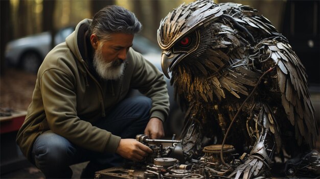 Photo a man kneeling down next to an owl statue