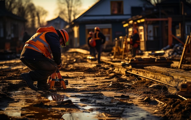 Photo a man kneeling down next to a puddle of water